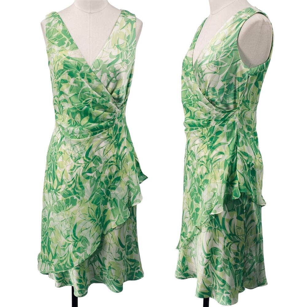 Vintage Y2k Silk Dress Floral Leaf Printed Faux Wrap Sleeveless Gathered Green